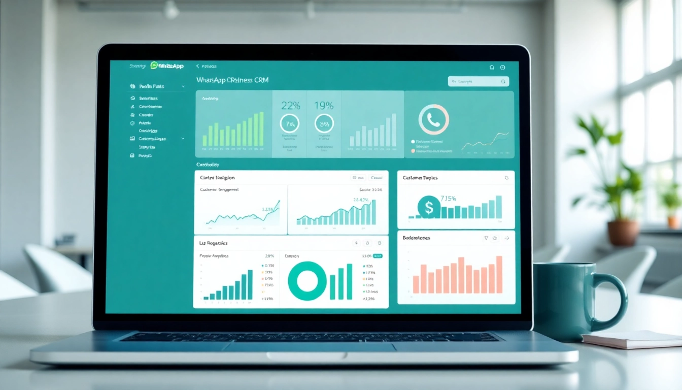 Enhance customer interaction with WhatsApp Business CRM on a laptop in a modern office setting.