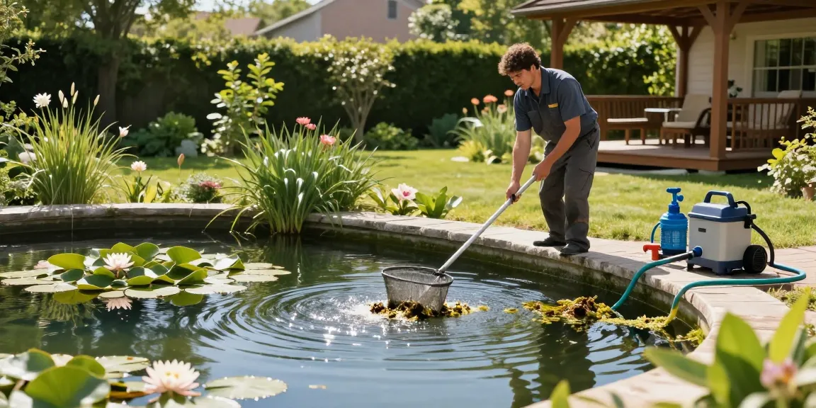 Pond Clean Sussex service technician removing debris in a tranquil backyard pond surrounded by lush greenery.