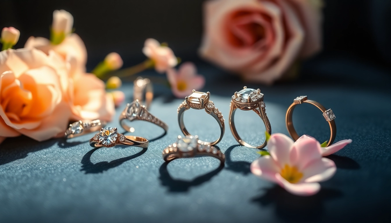 Showcase of luxury rings displaying intricate designs and sparkling gemstones on a velvet surface.