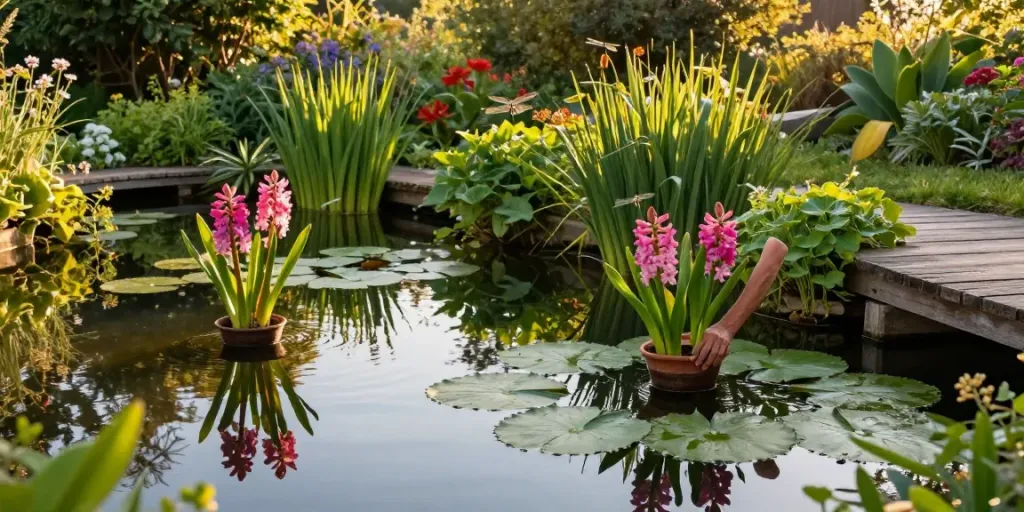Pond Plants thriving in a flourishing garden pond during sunset, with vibrant water lilies and a gardener planting new aquatic life.
