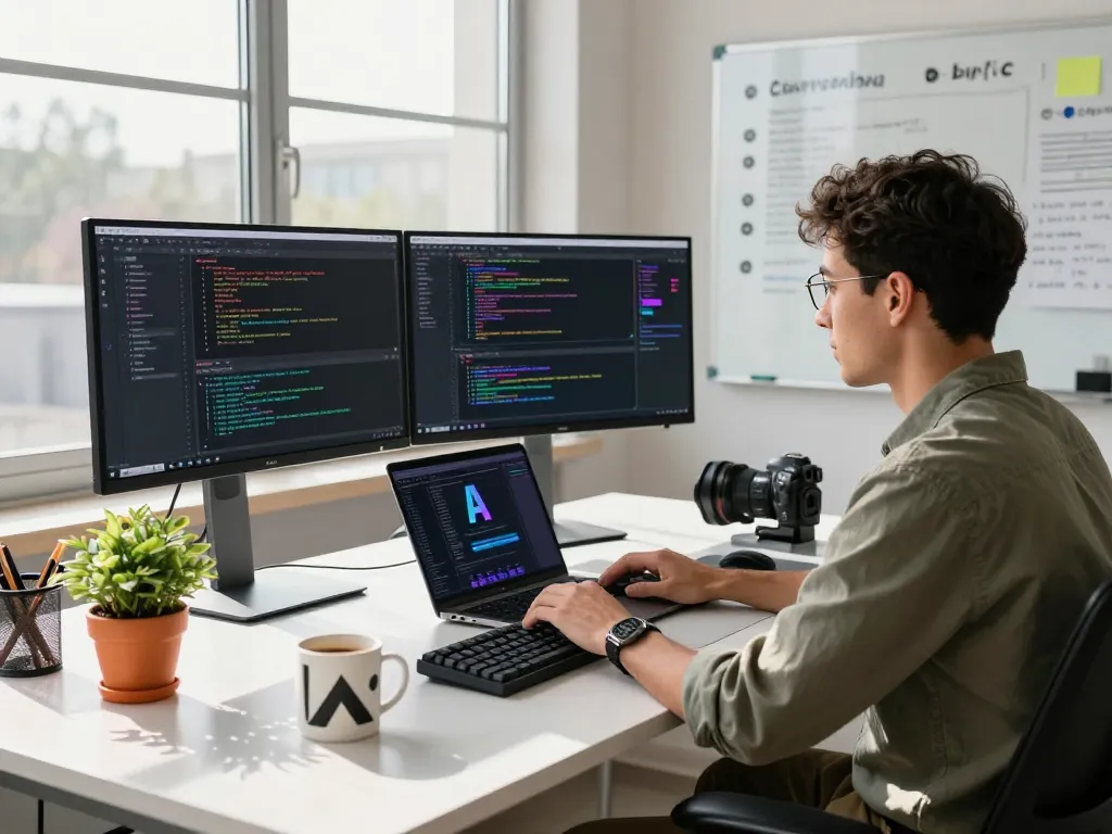 Developer coding innovative AI applications in a vibrant tech workspace, highlighting the keyword ia +18