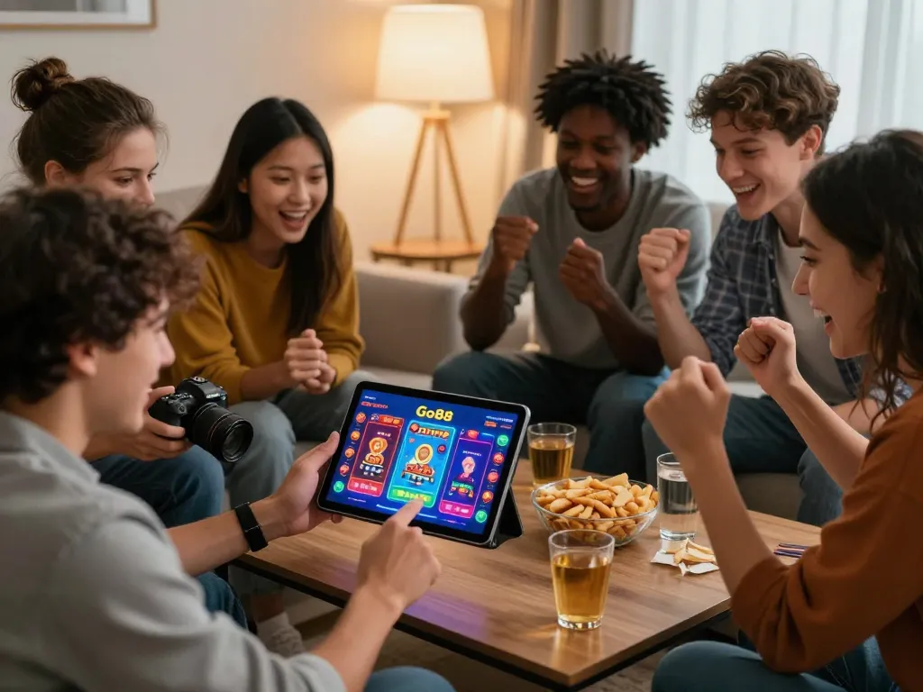 Social gaming experience with friends exploring tải go88 app on tablet in cozy living room setting.