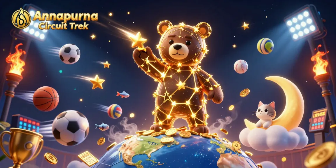 Annapurna Circuit Trek showcases a starry bear collecting coins amidst dynamic sports elements, perfect for exhilarating gaming experiences.