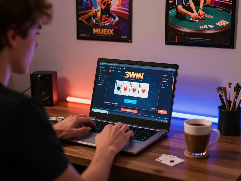 Player immersed in a thrilling 3win poker game on a laptop, showcasing a stylish and cozy gaming setup