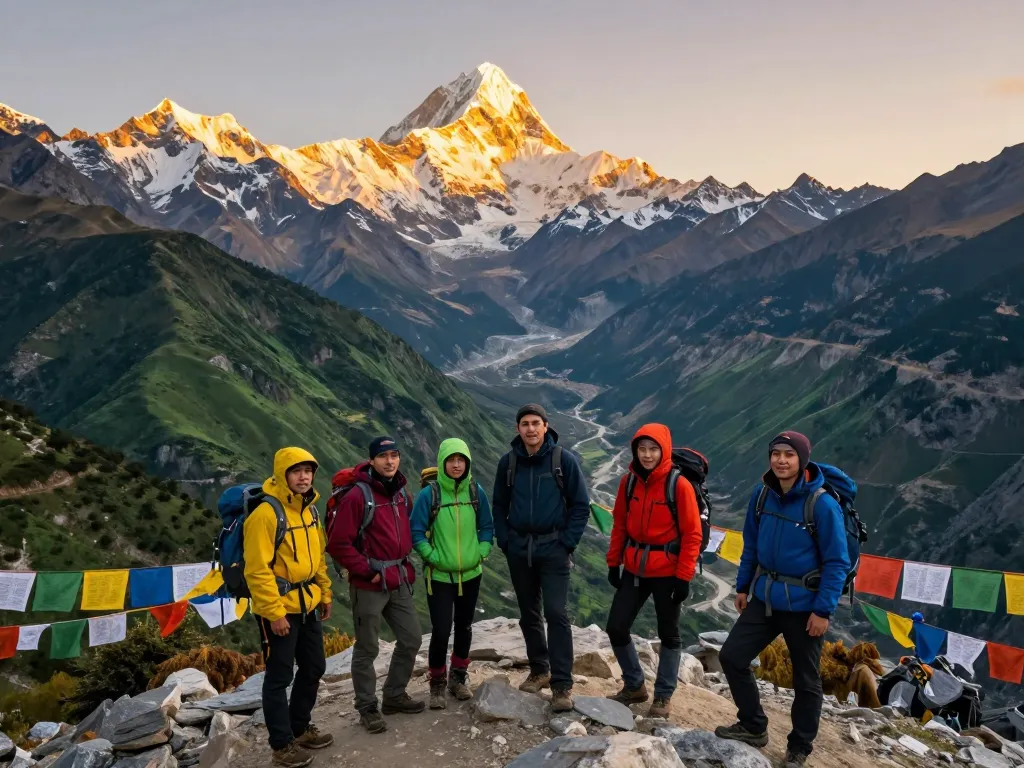 Annapurna Circuit trek: hikers celebrating at a mountain viewpoint with stunning peaks and vibrant sunset colors.