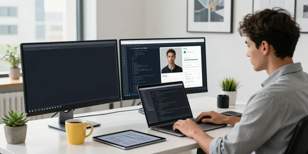 AI nudify application showcased in a modern tech workspace with creative designs visible.