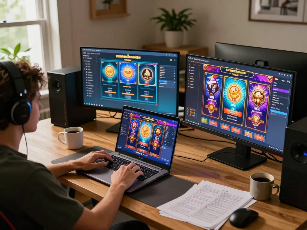 Engaged player experiencing เว็บสล็อต on multiple screens in a cozy home environment.
