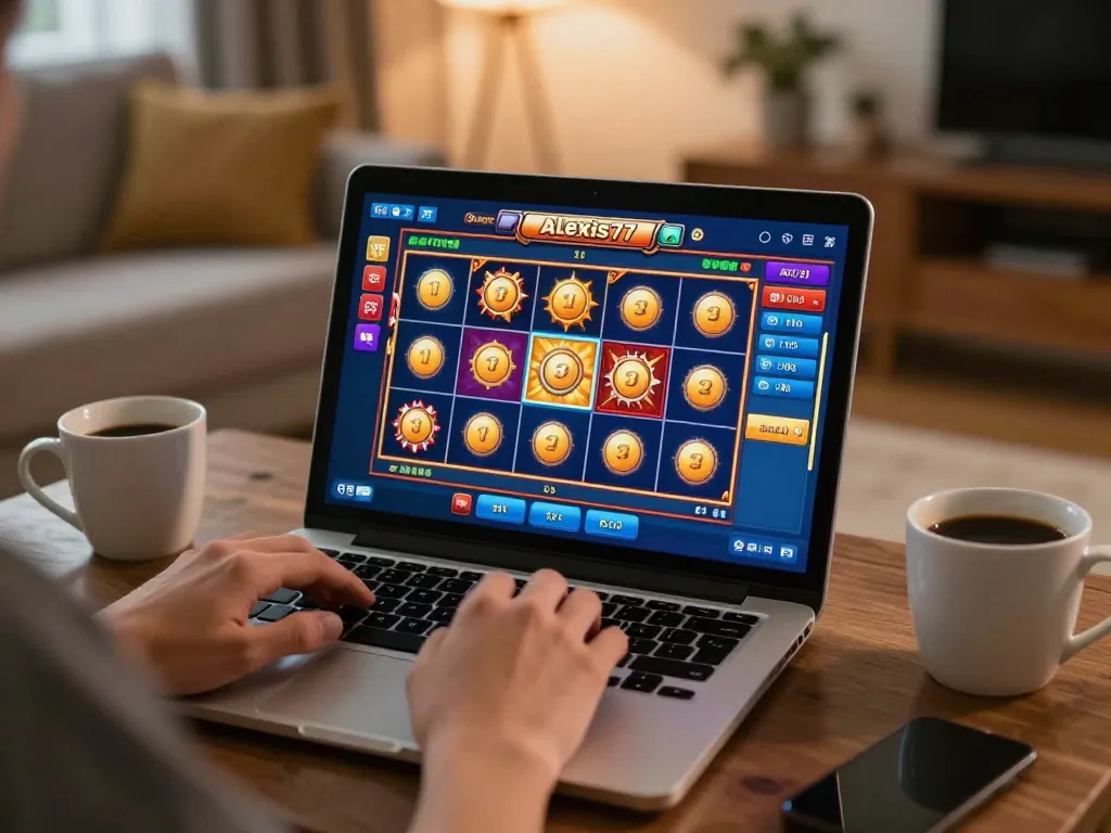 Player enjoying alexis77 slot games on a laptop at home, capturing the excitement of online gambling.