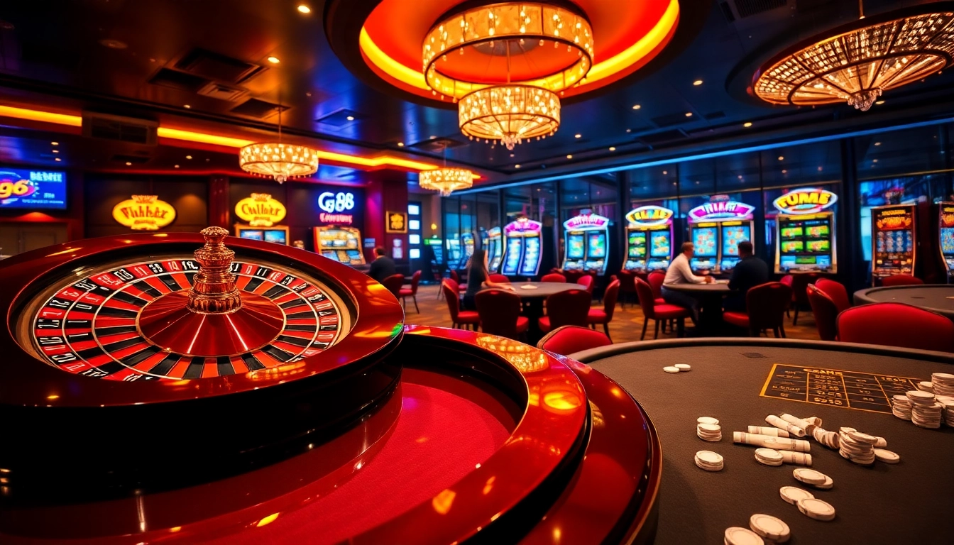 A thrilling casino scene featuring diverse gaming tables and slot machines with gg88 branding.
