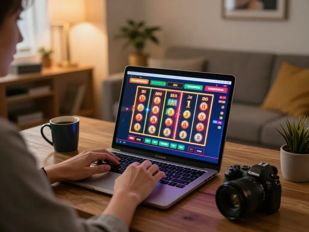 Player enjoying slot thailand no 1 game in a cozy home setting with laptop on desk
