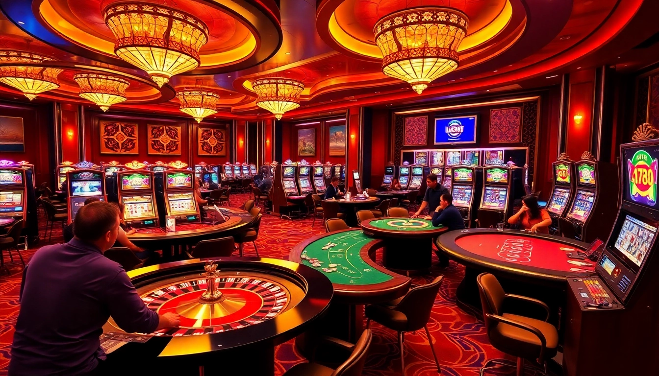 Atmosphère de jeu passionnante aux meilleurs casinos en ligne avec des tables et des machines à sous vibrantes.
