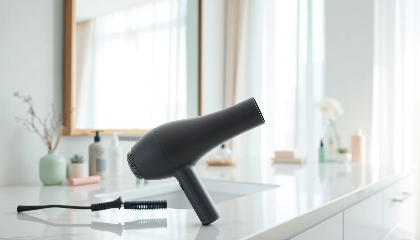 Stylish hair dryer for fine hair sitting on a modern vanity among elegant hair care products.
