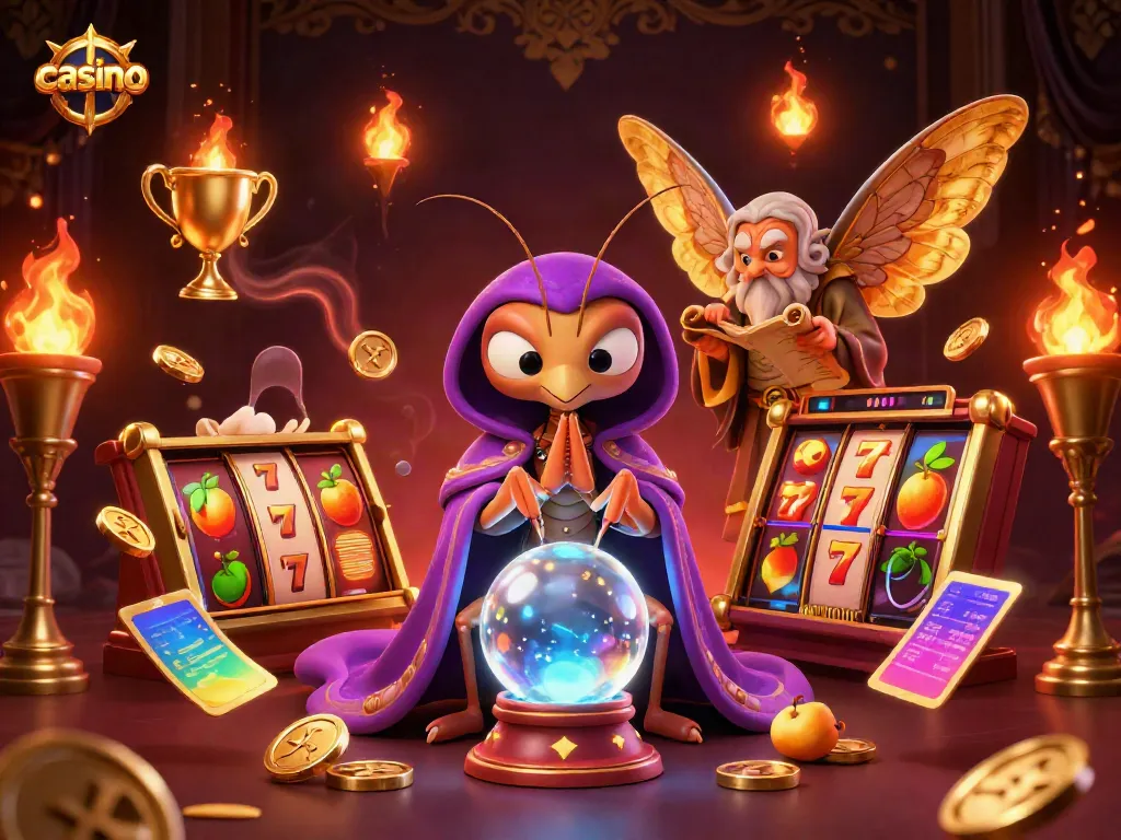 Engage in exciting casino activities with vibrant elements in a 3D scene featuring magical characters and gaming themes.
