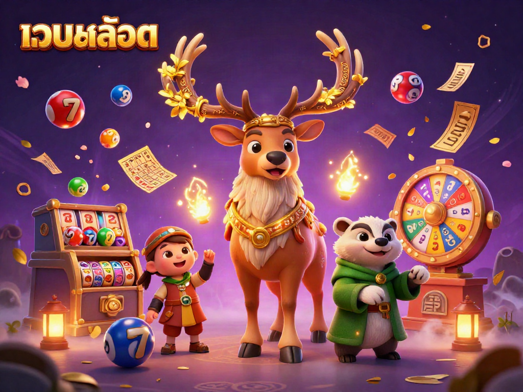 Engage with เว็บสล็อต through vibrant lottery elements and enchanting characters in a magical casino scene.