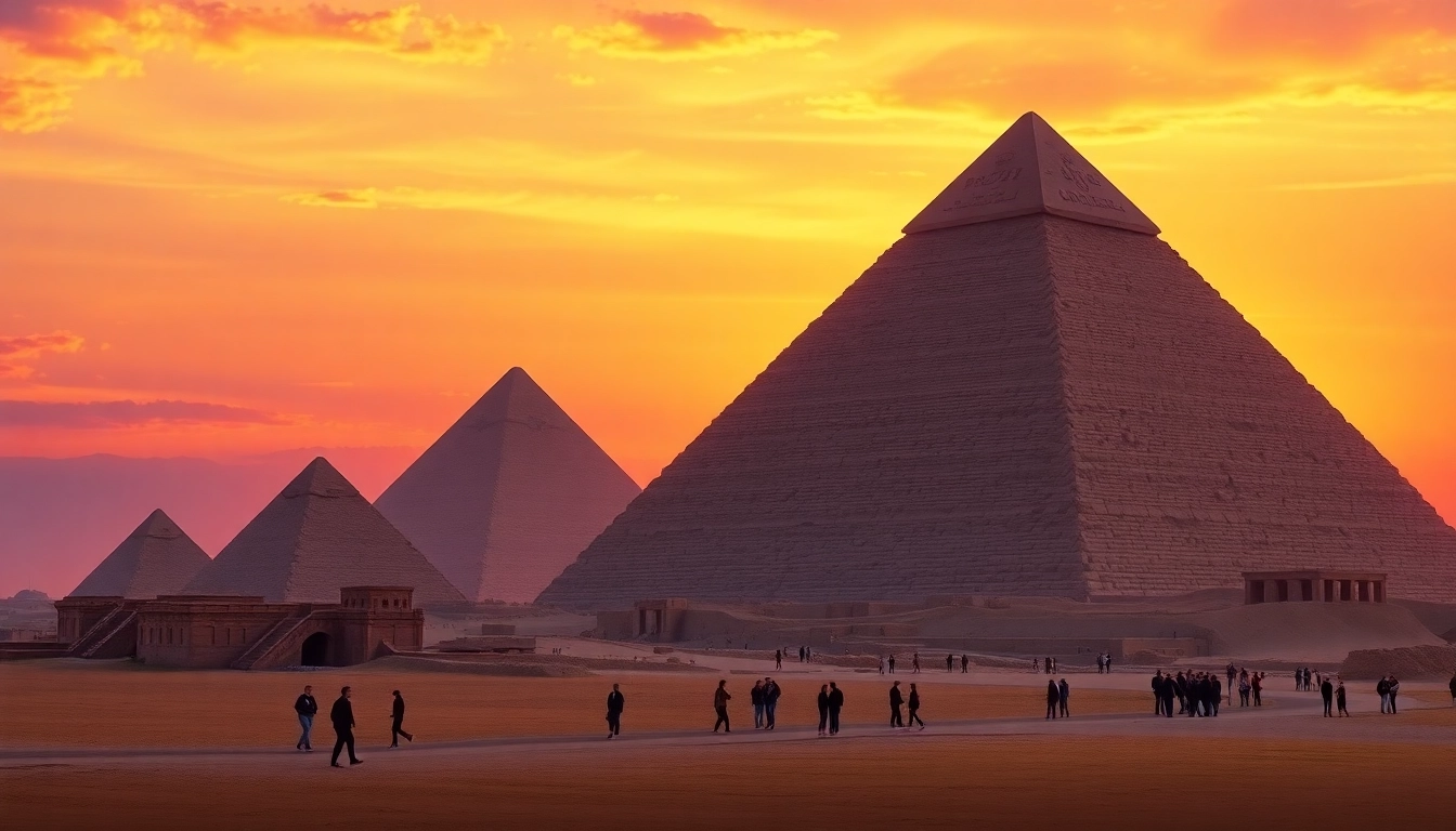Visitors marvel at the Great Pyramid, a key feature of https://piraminds.com/ amidst a stunning sunset.