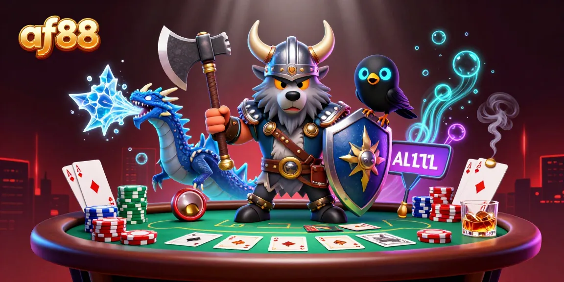 Engage with af88’s vibrant poker world, featuring a Viking wolf warrior and dragon in action.