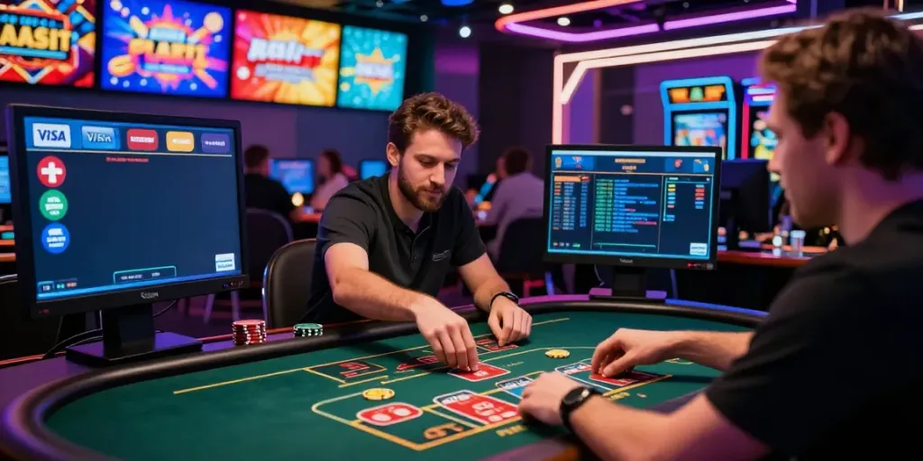 Excited player at a computer playing at casinos that accept credit cards, surrounded by vibrant game graphics and promotional banners.