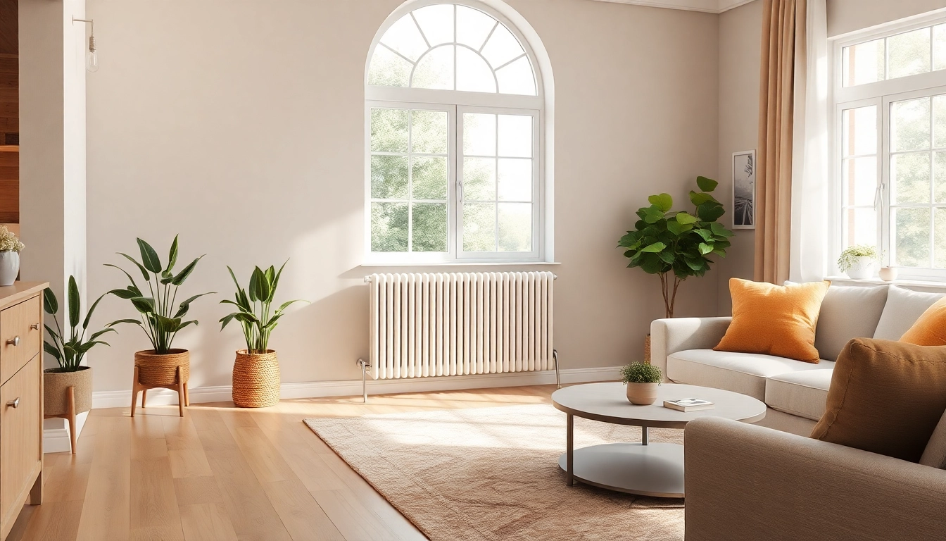 Effizienter heizkörper in einem modernen Wohnzimmer mit natürlichem Licht.
