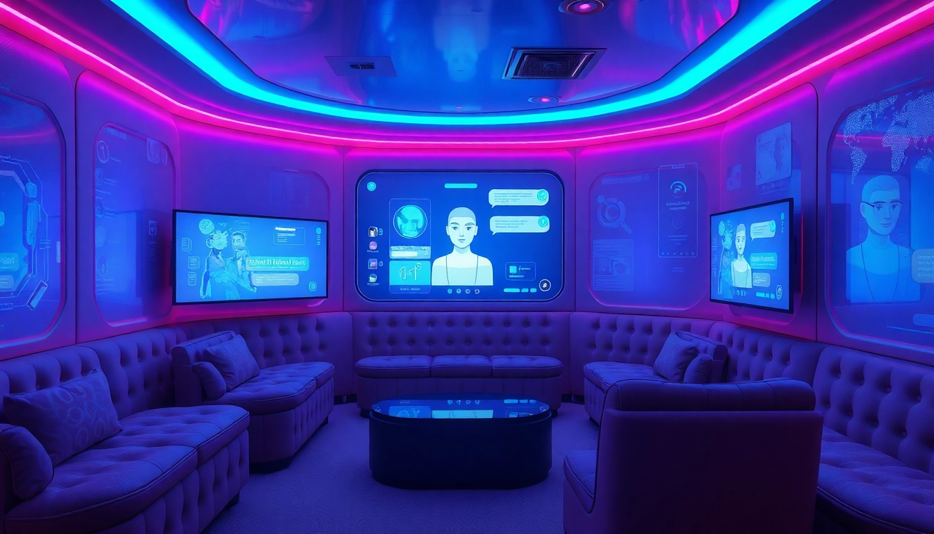 Engaging scene of a cozy digital lounge for sex AI chat with modern tech interfaces.