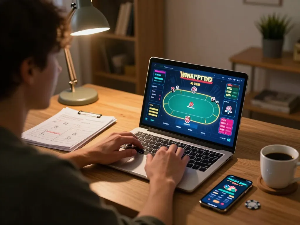 Engaging with casino online stranieri sicuri on a laptop at home, showcasing poker gameplay and strategic notes.