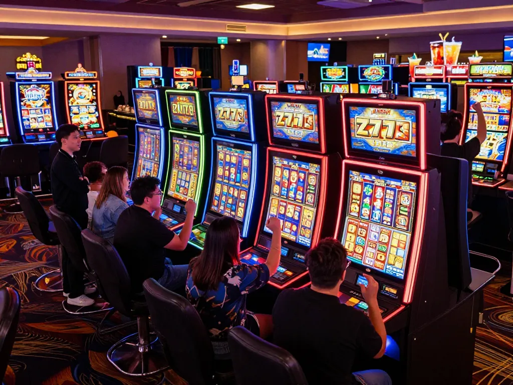 Players celebrating big wins at vibrant slot777 machines in a lively casino atmosphere