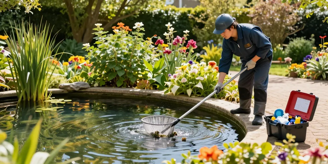 Pond Clean Sussex: A professional cleaner maintaining a vibrant garden pond in Sussex, emphasizing clear water and lush surroundings.