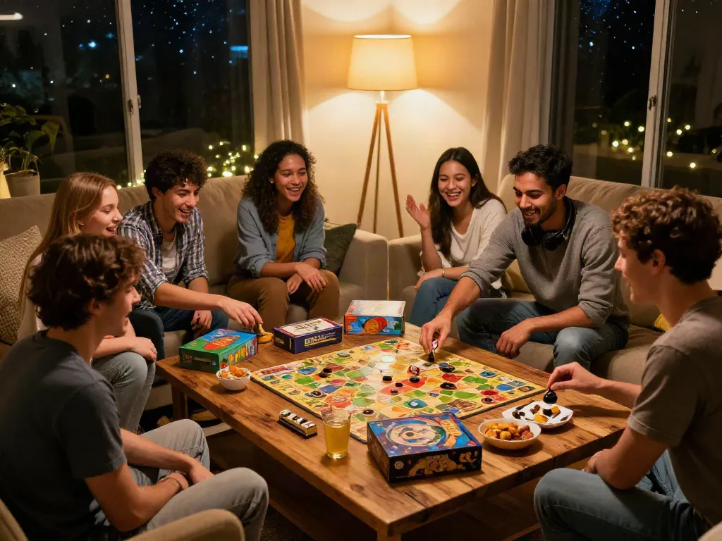 Friends enjoying a game night with Sling Puck and Catan in a cozy living room
