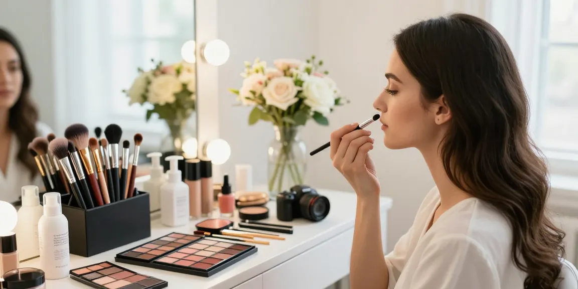 Model receiving a natural makeup application with makeup blending brushes in a bright studio.