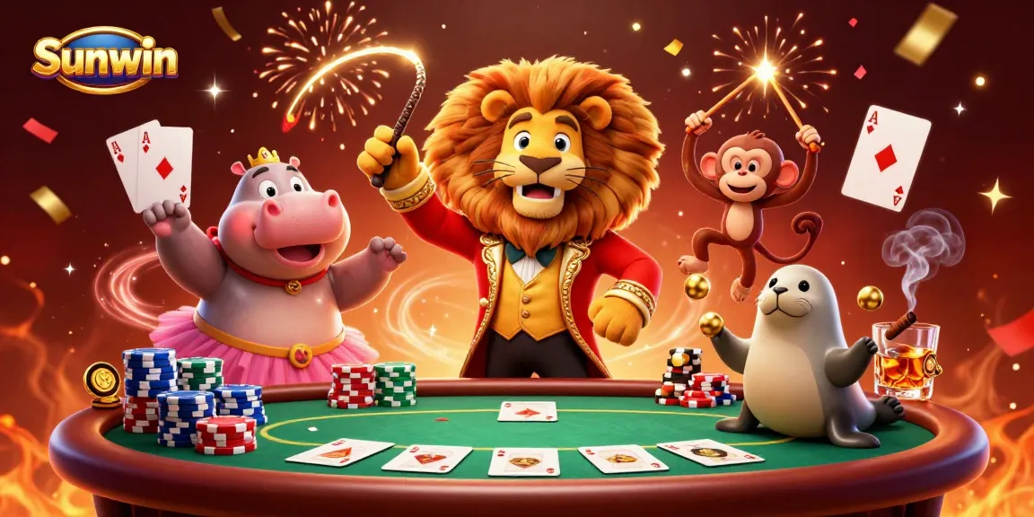 Play at Sunwin with a vibrant casino scene featuring 3D animated characters around a poker table.