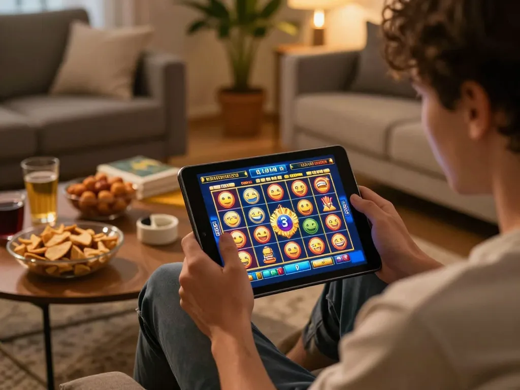 Player enjoying a mobile slot game in a cozy home setting, showcasing engaging online gaming.