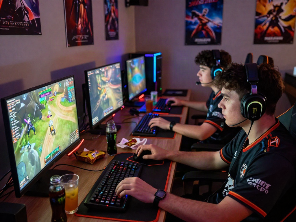 Rokok88 login scene with gamers engaged in intense online gaming, showcasing vibrant visuals and a dynamic atmosphere.