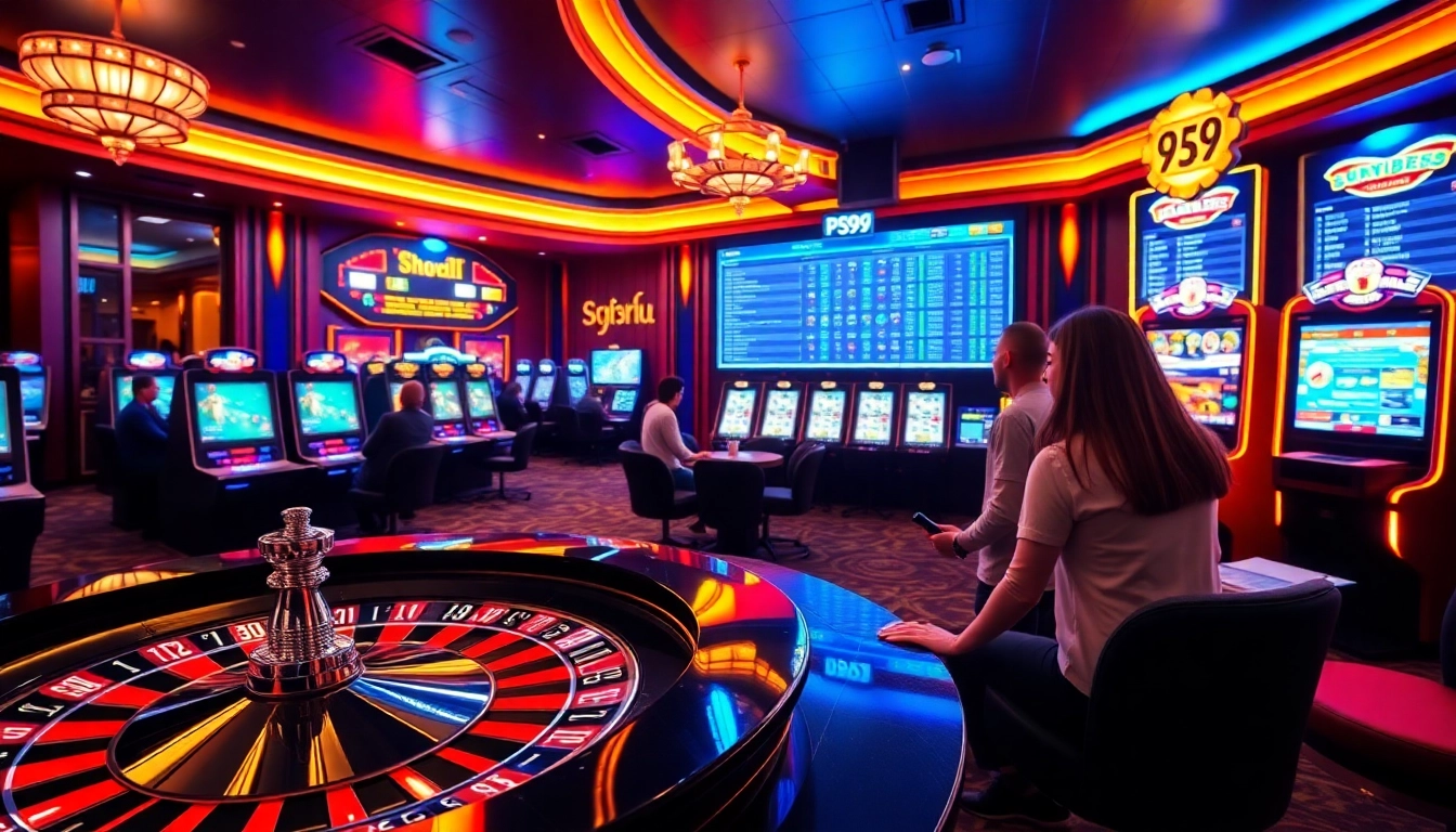 Gamblers engaging with the PS99 online casino experience, showcasing vibrant gaming elements.