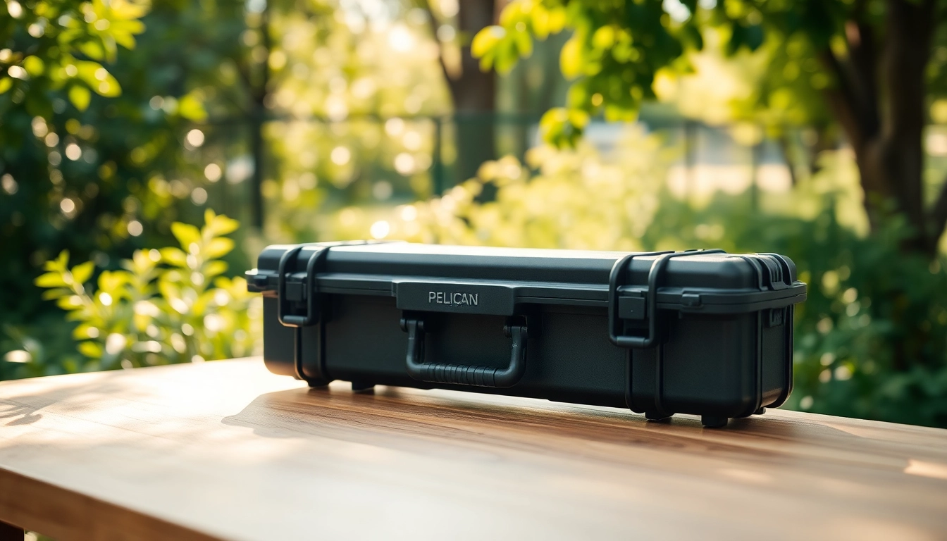 Showcasing the durable pelican rifle case with environmental backdrop highlighting its sturdy design.
