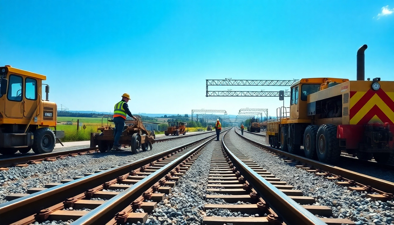 Ratilroad Track Construction Compary laying tracks with heavy machinery on a bright site.