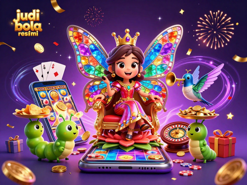 Engage in thrilling judi bola resmi with an enchanting scene featuring a butterfly queen and colorful gaming elements.