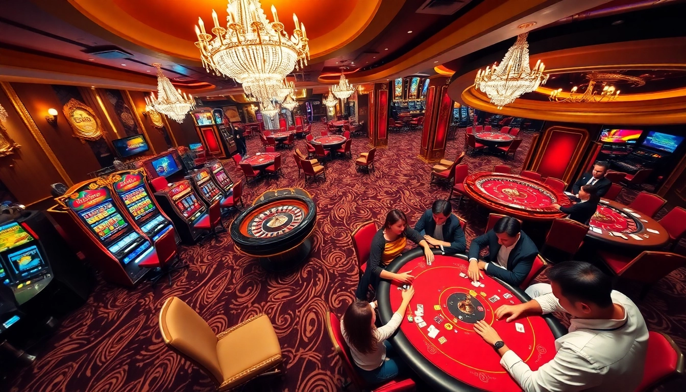Engaged gamblers enjoying a thrilling game experience at the MV88 casino with vibrant gaming tables.