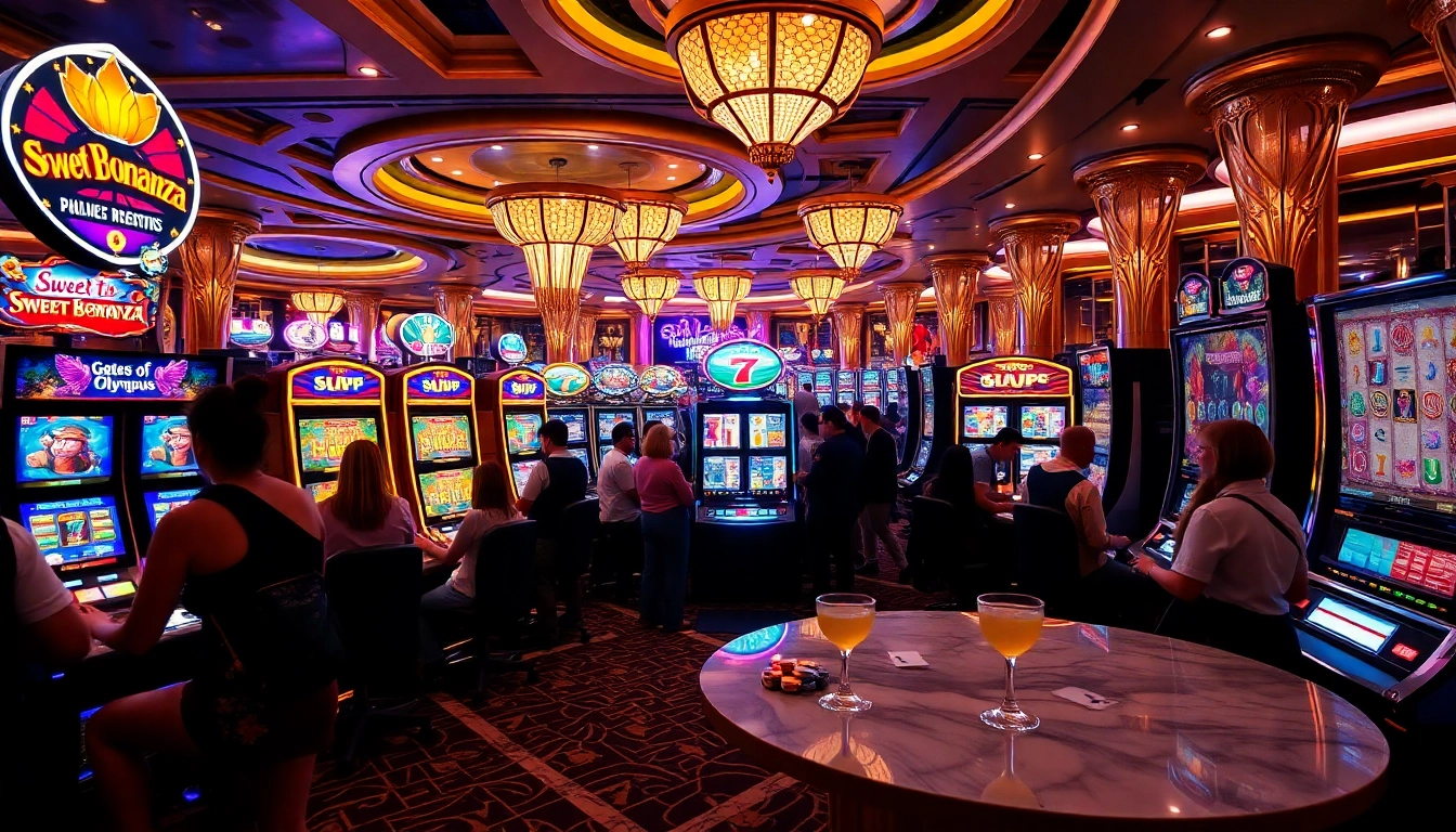 Players enjoying vibrant slot pragmatic play machines in a luxurious casino setting.