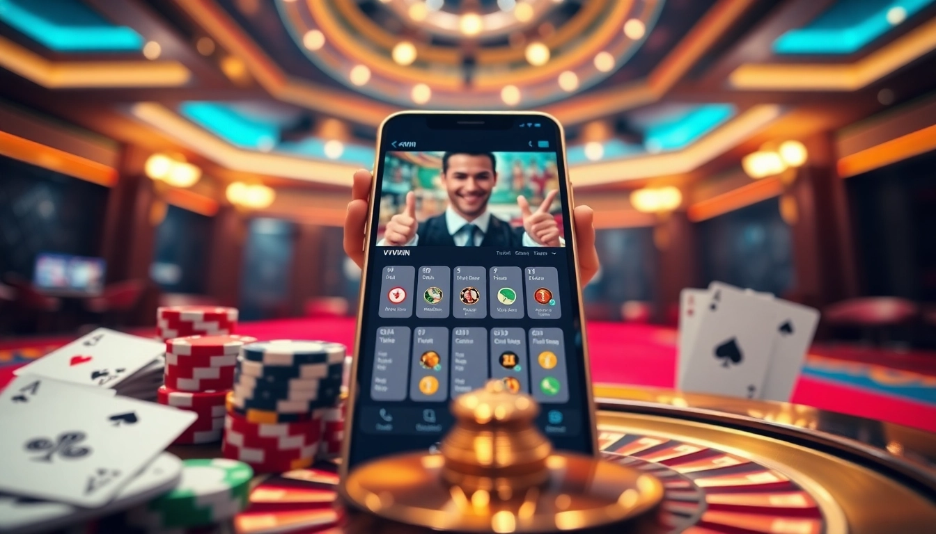 Interactive VVVWIN app display amidst casino elements, showcasing the excitement of online gambling at vvvwin88.live.