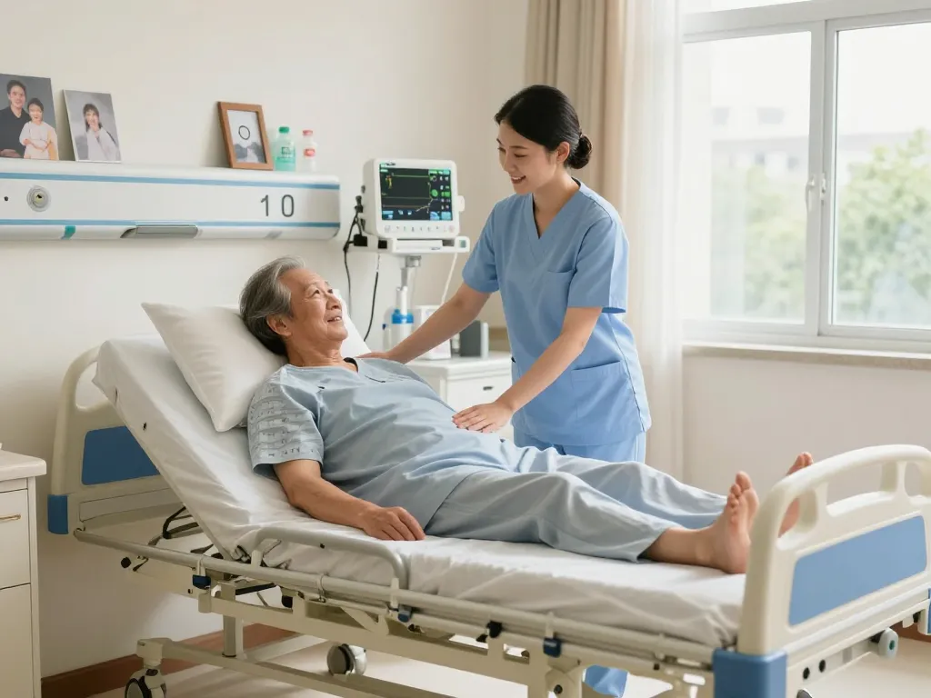 Comfortable giường bệnh nhân in a hospital room, nurse assisting elderly patient for better recovery.