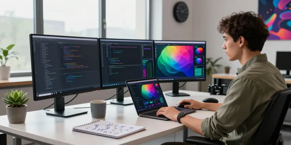 Software engineer demonstrating instant indexing at a high-tech workspace.