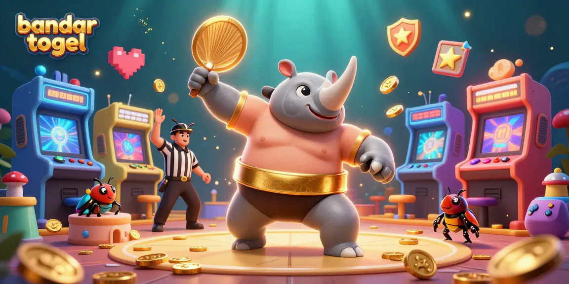 Engage in the excitement of bandar togel with a lively scene featuring a rhinoceros beetle champions and colorful gaming elements.