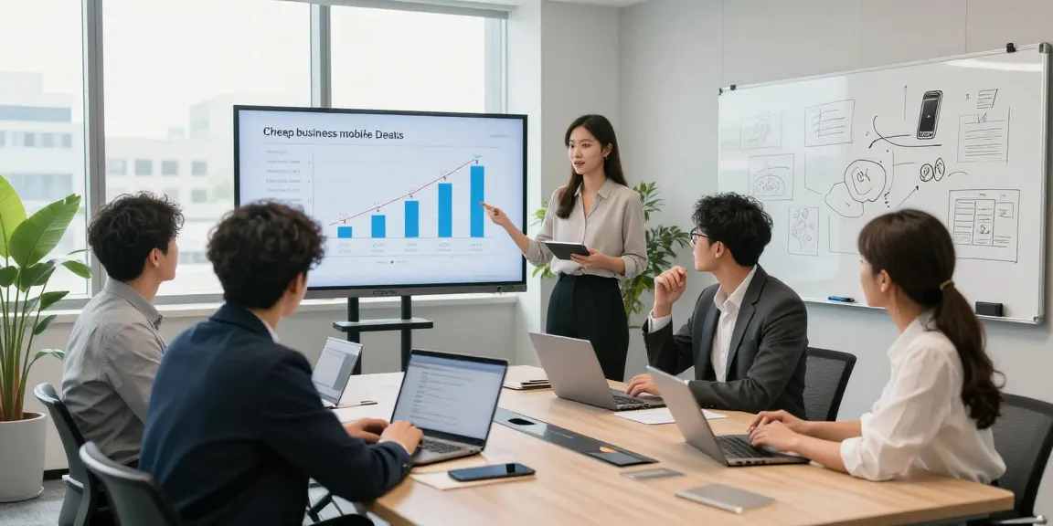 Collaborative office team discussing cheap business mobile deals in a modern conference room.