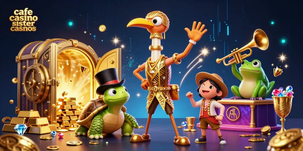Experience excitement with cafe casino sister casinos at a lively 3D casino scene filled with treasure.