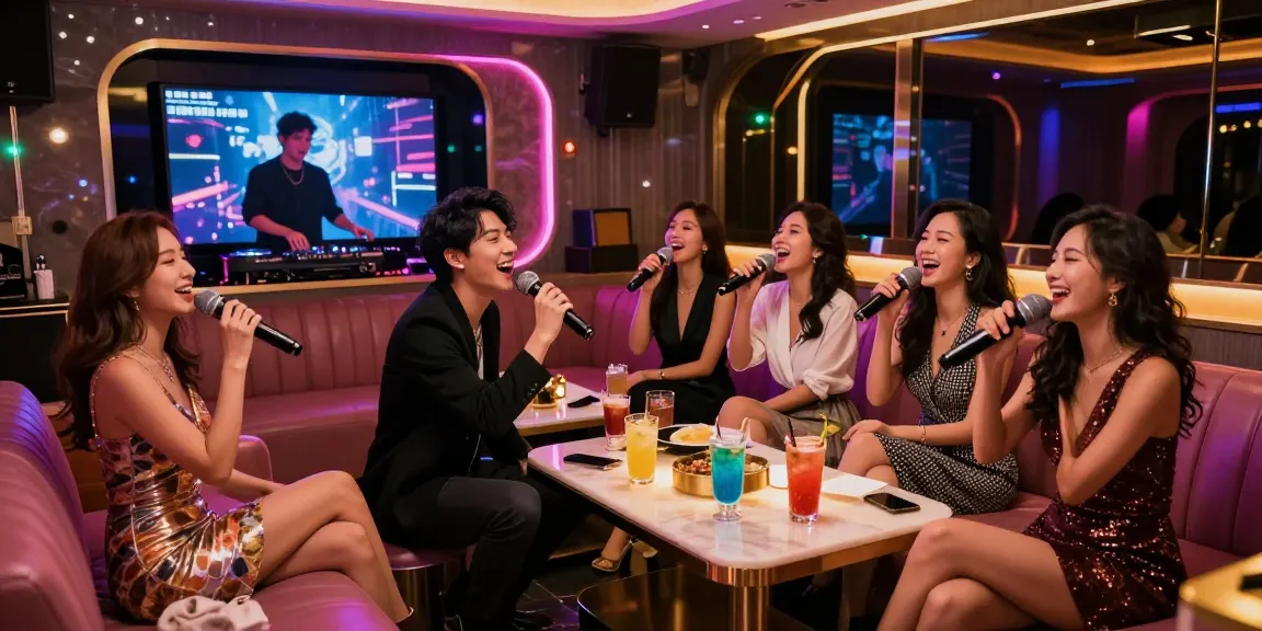 Experience vibrant Gangnam karaoke nightlife with stylish patrons enjoying singing and drinks in luxurious private rooms.