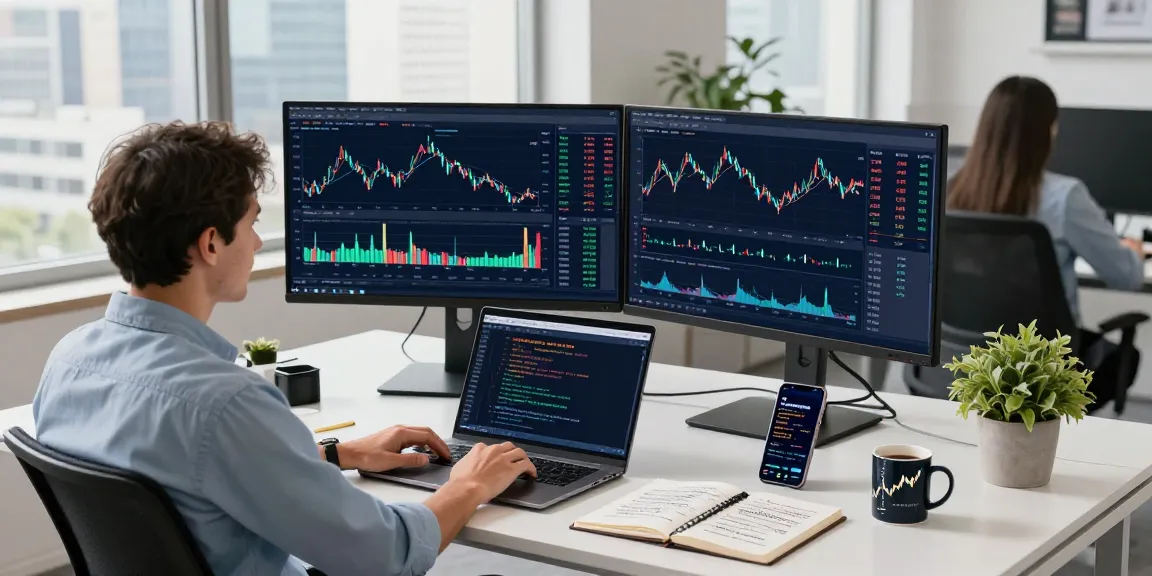 S&P 500 quote API integration displayed on monitors in a modern financial workspace with charts and coding elements.