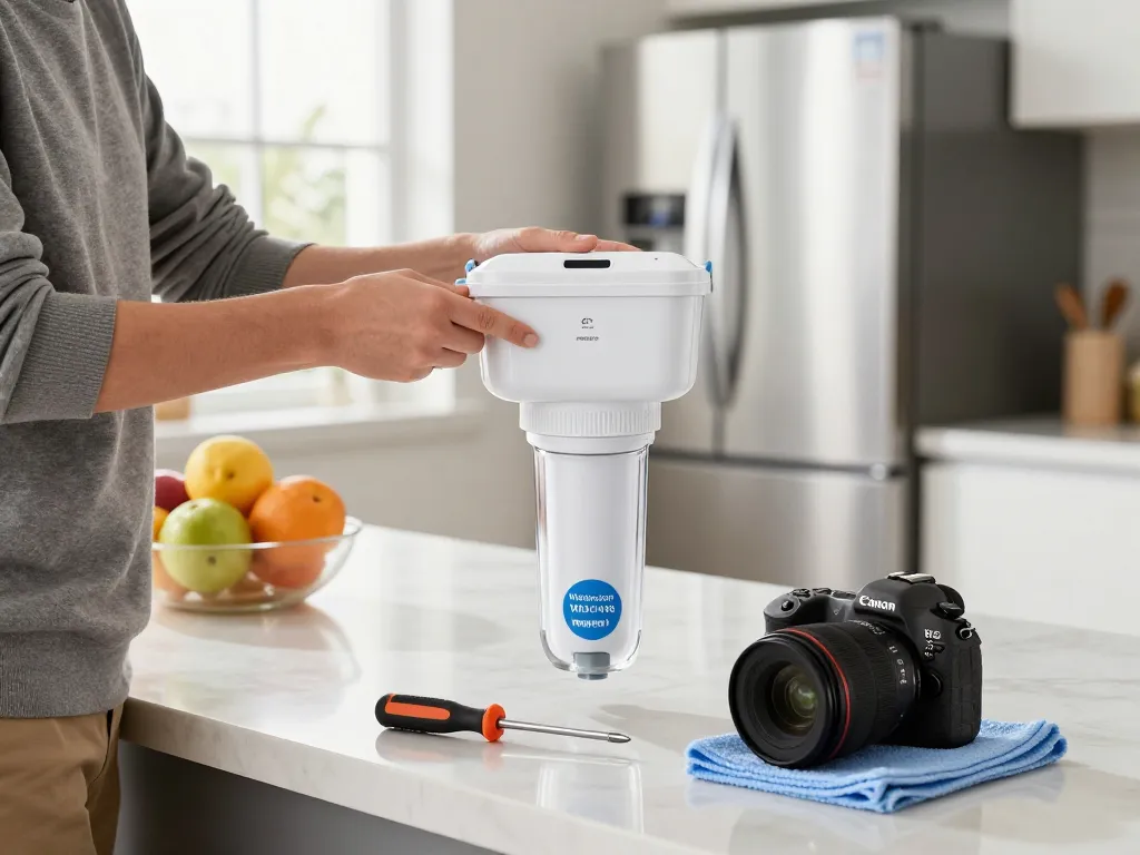 Installing the Waterdrop Plus WDP-F19C Replacement for GE® RPWFE® water filter in a modern kitchen, showcasing a safe drinking water setup.