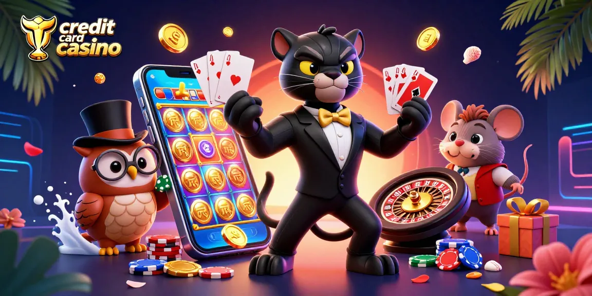 Engaging scene of a credit card casino with a panther dealer, owl with chips, and lucky mouse.