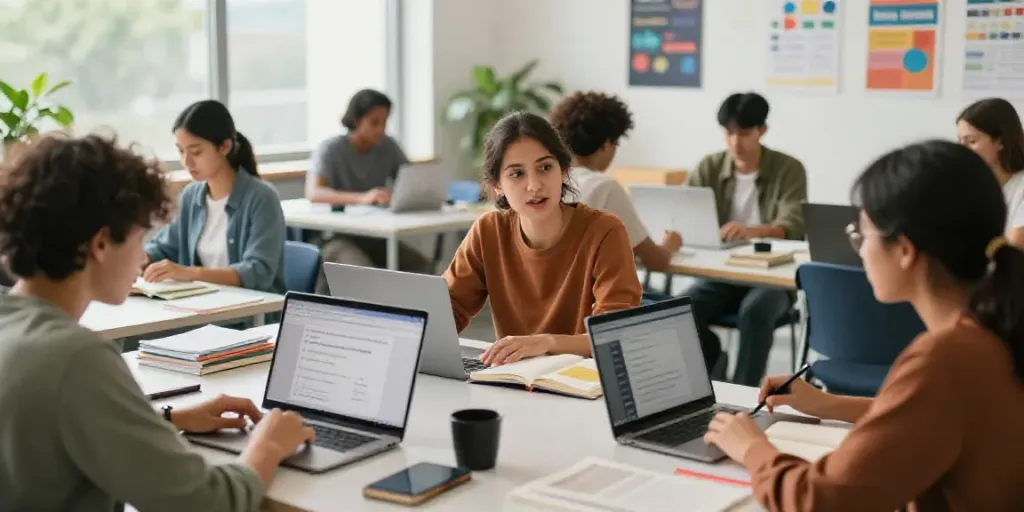 Toto interactive online English course with students engaged in learning activities.