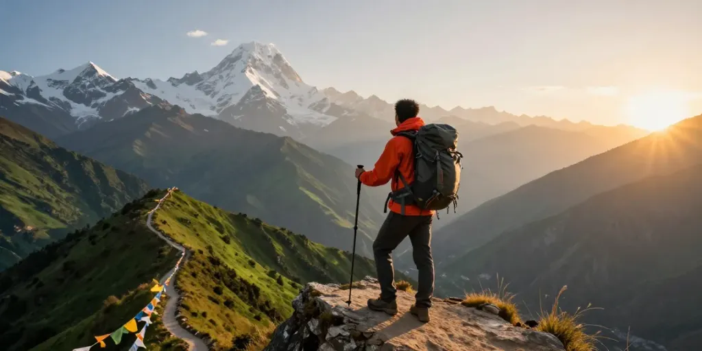 Trek to Manaslu Circuit with traveler at mountain viewpoint during sunset.