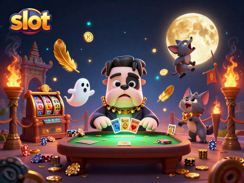 Slot yang menarik dengan anjing Frankenstein dan kucing werewolf beraksi di meja kartu.